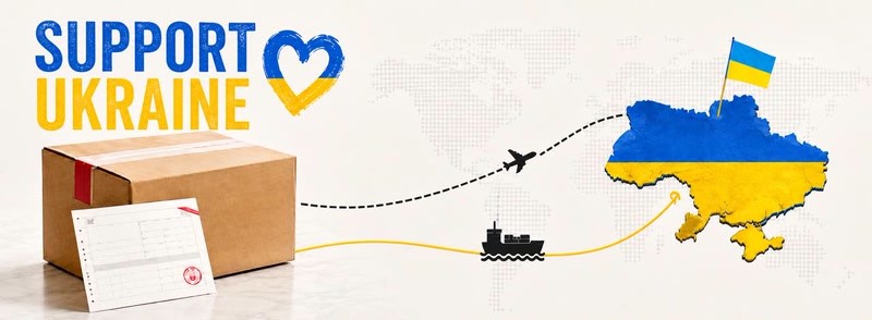 SUPPORT UKRAINE lettering beside a sealed parcel and a customs form, with air and sea routes running to a map of Ukraine in the colours of its flag